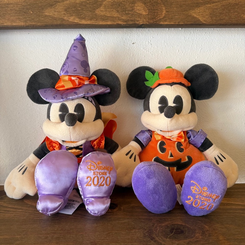 2pc Disney Store 2020 Mickey Minnie Halloween Plush Witch Pumpkin